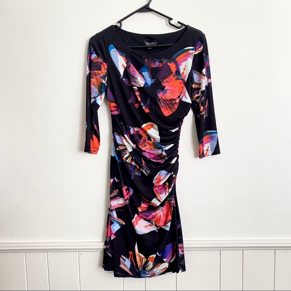 Tahari Black Floral Abstract Long Sleeve Ruched Dress